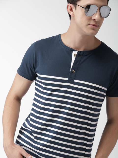 

Mast & Harbour Men Navy Blue & White Striped Henley Neck T-shirt