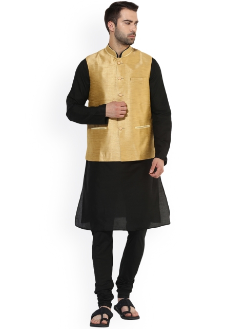 

KISAH Men Black & Beige Solid Kurta with Churidar and Nehru Jacket