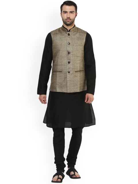 

KISAH Men Black & Brown Solid Kurta with Churidar and Nehru Jacket