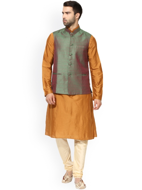 

KISAH Men Rust Brown & Sea Green Solid Kurta with Churidar & Waistcoat