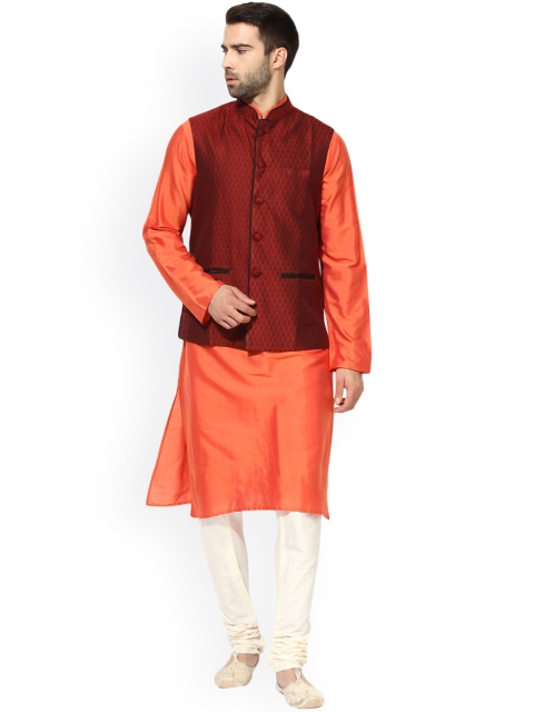 

KISAH Men Orange & Maroon Solid Kurta with Churidar & Waistcoat