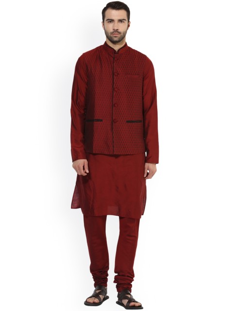

KISAH Men Maroon Self-Design Kurta with Churidar & Nehru Jacket