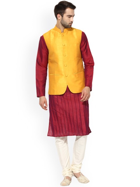 

KISAH Men Red & Yellow Self-Design Kurta with Churidar and Nehru Jacket