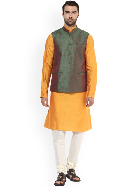 

KISAH Men Yellow & Cream-Coloured Self-Design Kurta with Churidar & Nehru Jacket