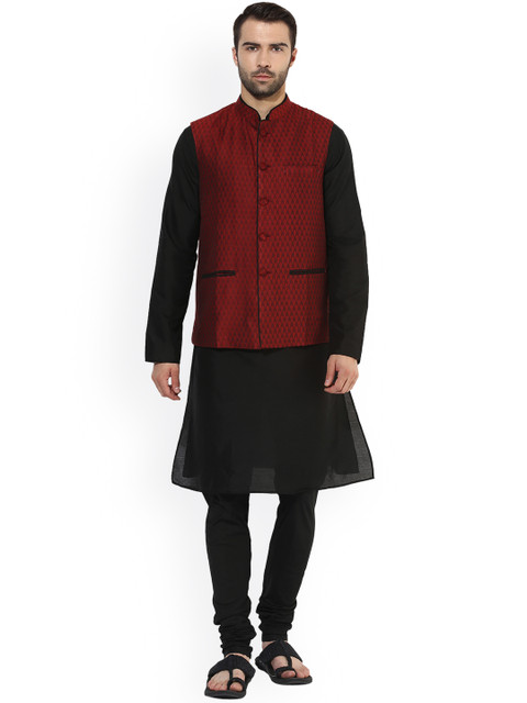 

KISAH Men Black & Maroon Solid Kurta with Churidar and Nehru Jacket
