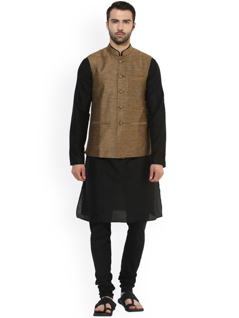 

KISAH Men Black & Brown Solid Kurta with Churidar & Waistcoat