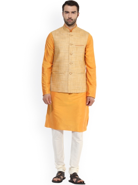 

KISAH Men Yellow & Cream-Coloured Self-Design Kurta with Pyjamas & Nehru jacket