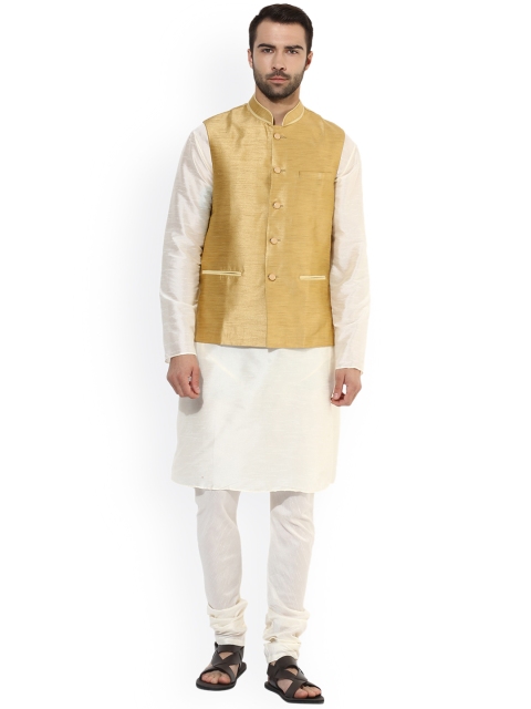 

KISAH Men Cream-Coloured & Beige Self-Design Kurta with Churidar & Nehru Jacket