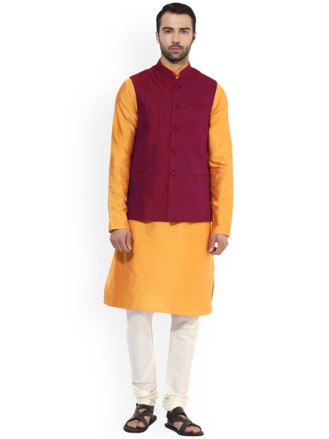 

KISAH Men Yellow & Cream-Coloured Self-Design Kurta with Churidar & Nehru jacket