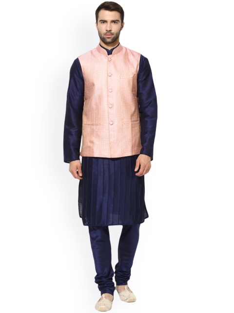 

KISAH Men Navy Blue & Pink Self-Design Kurta with Churidar and Nehru Jacket