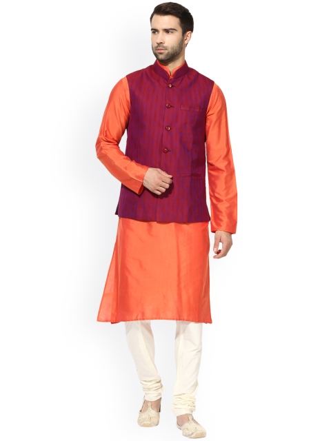 

KISAH Men Orange & Cream-Coloured Self-Design Churidar Kurta with Nehru Jacket