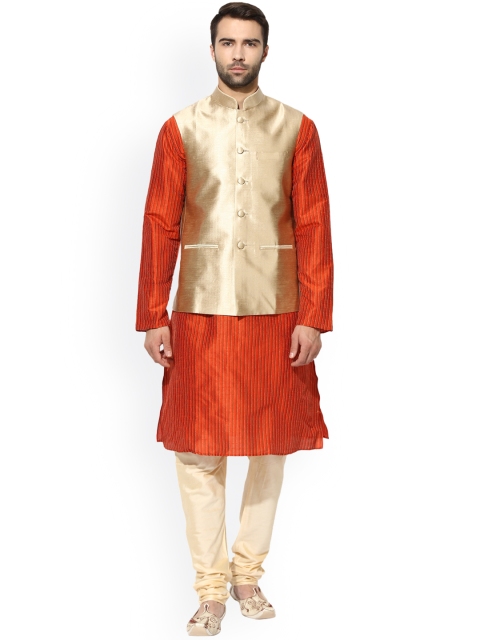 

KISAH Men Orange & Beige Self Design Kurta with Churidar & Waistcoat