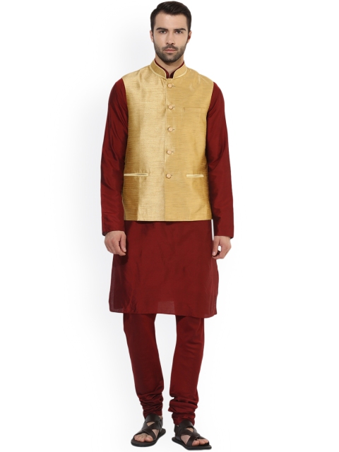 

KISAH Men Maroon & Beige Solid Kurta with Churidar & Nehru Jacket