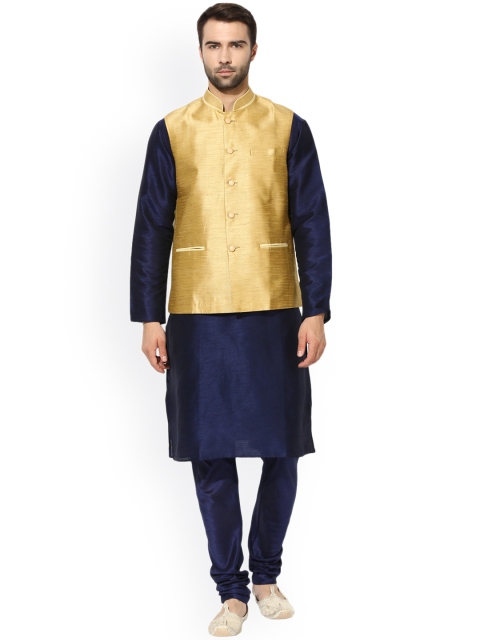 

KISAH Men Navy Blue & Beige Solid Kurta with Churidar and Nehru Jacket