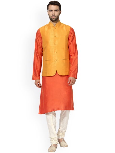 

KISAH Men Orange & Off-White Solid Churidar Kurta with Nehru Jacket