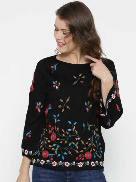 

SCOUP Women Black Embroidered A-Line Top