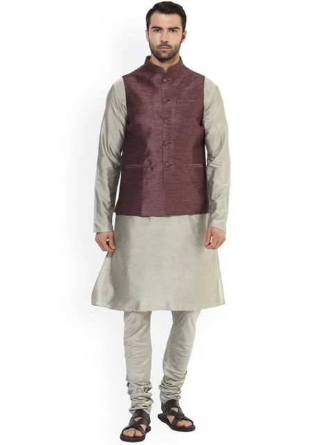 

KISAH Men Grey & Mauve Solid Kurta with Churidar and Nehru Jacket