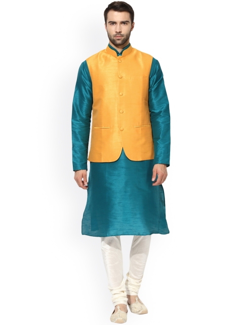 

KISAH Men Teal Green & Yellow Solid Kurta Churidar with Nehru Jacket