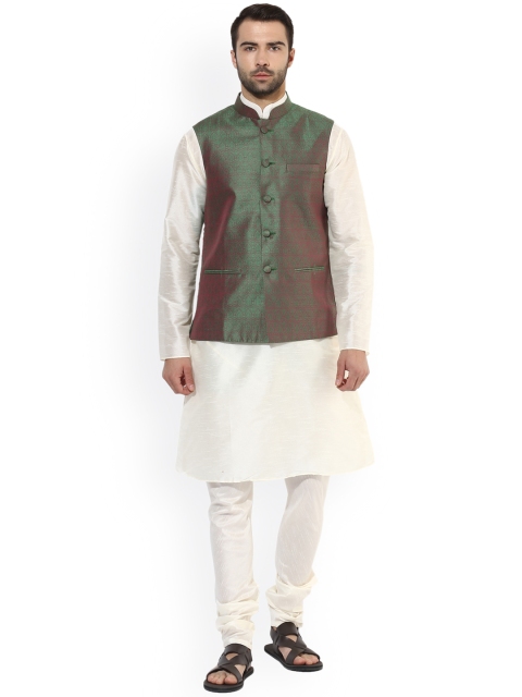 

KISAH Men Green & Cream-Coloured Self-Design Kurta with Churidar & Nehru Jacket