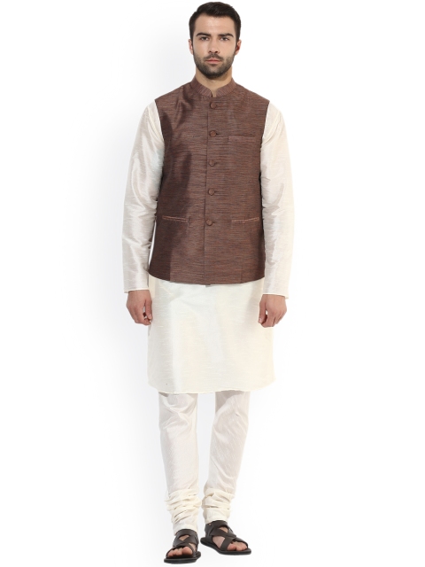 

KISAH Men Brown & Cream-Coloured Self-Design Kurta with Churidar & Nehru Jacket