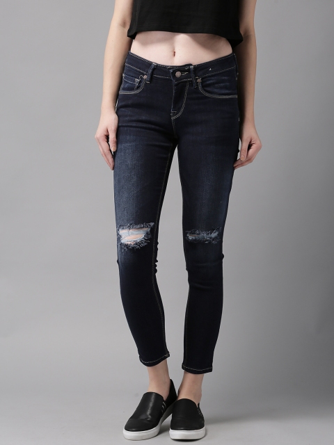 

HERE&NOW Women Blue Skinny Fit Mid-Rise Cropped Slash Knee Stretchable Jeans