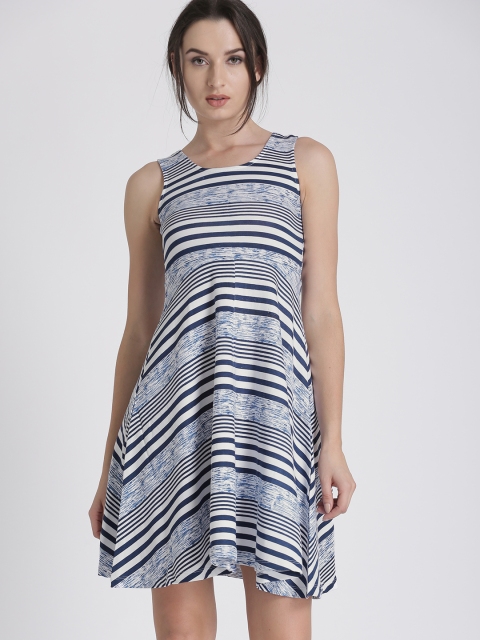 

Chemistry Women Navy Blue Striped Fit and Flare Dress