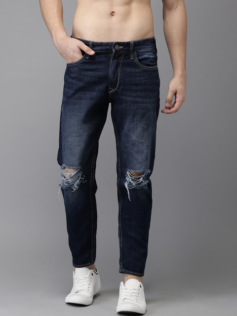 

Moda Rapido Men Blue Slim Tapered Fit Mid-Rise Mildly Slash Knee Cropped Jeans