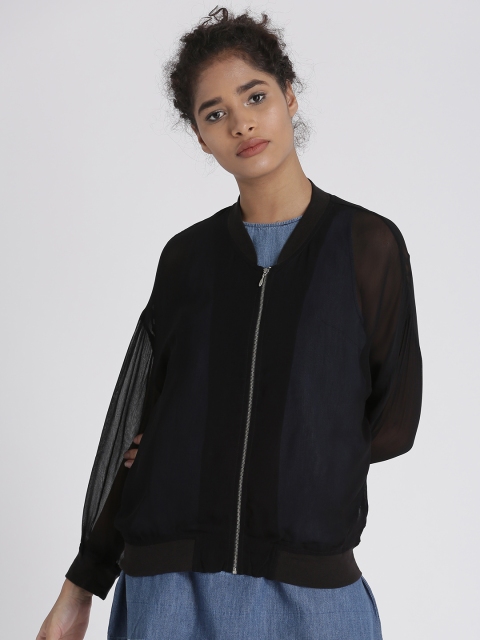 

Chemistry Women Black Solid Bomber Jacket