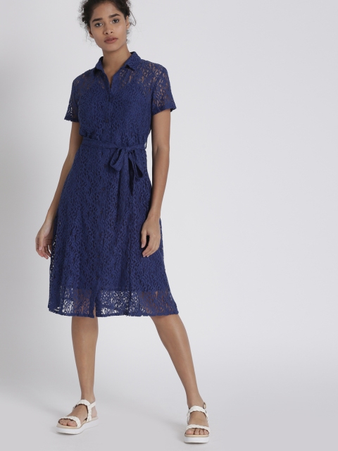 

Chemistry Women Blue Self Design Fit and Flare Dress
