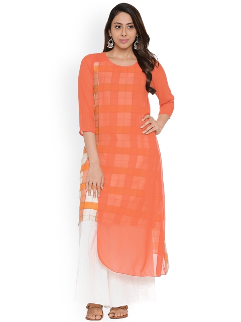 

RANGMANCH BY PANTALOONS Women Orange Checked A-Line Asymmetric Kurta
