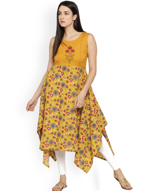 

RANGMANCH BY PANTALOONS Women Mustard Yellow Printed A-Line Kurta