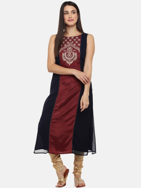 

RANGMANCH BY PANTALOONS Women Navy Blue & Maroon Yoke Design Straight Kurta