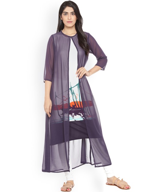 

RANGMANCH BY PANTALOONS Women White & Purple Printed A-Line Kurta