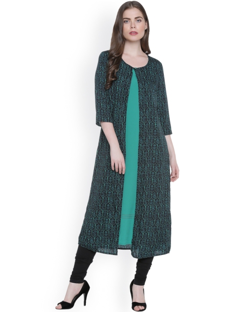 

RANGMANCH BY PANTALOONS Women Navy Blue & Green Printed A-Line Kurta