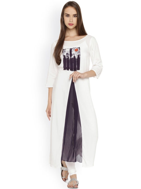 

RANGMANCH BY PANTALOONS Women White & Purple Solid A-Line Kurta