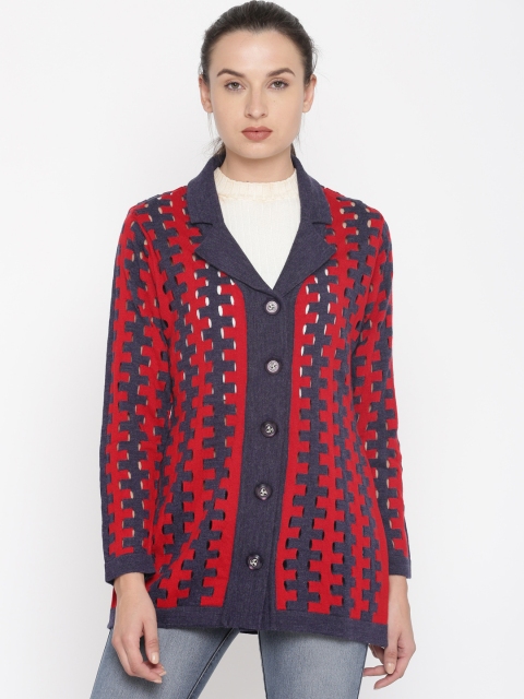 

Monte Carlo Women Red & Navy Self Design Cardigan