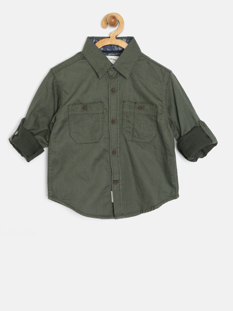 

Blue Giraffe Boys Olive Green Self Design Casual Shirt
