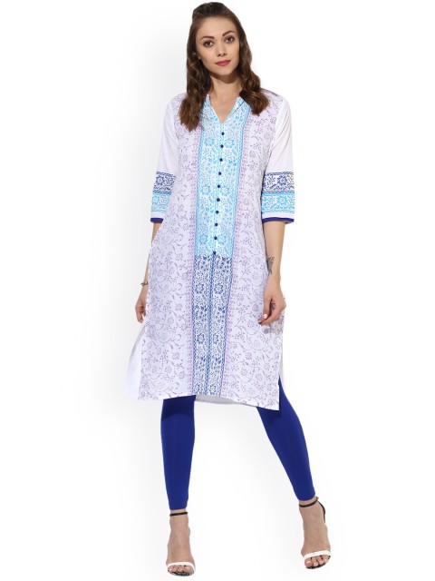 

Sangria Women White & Blue Printed A-Line Kurta
