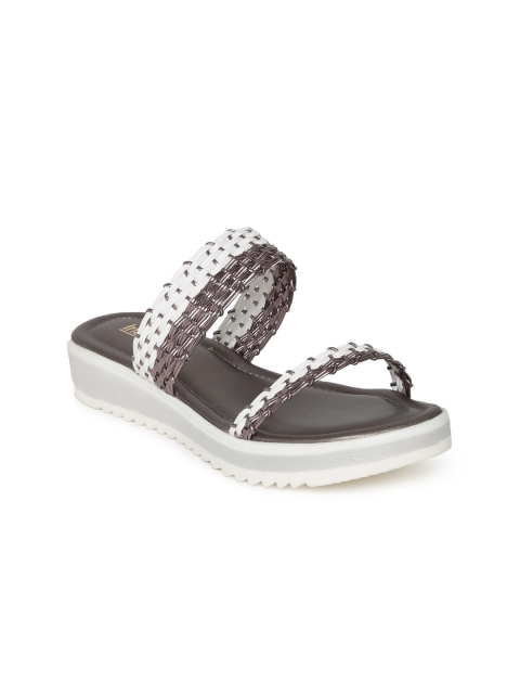

Inc 5 Women White & Gunmetal-Toned Striped Flatforms