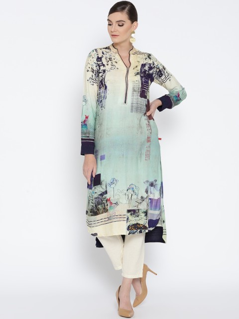 

Biba Women Blue & Cream-Coloured Printed A-Line Kurta