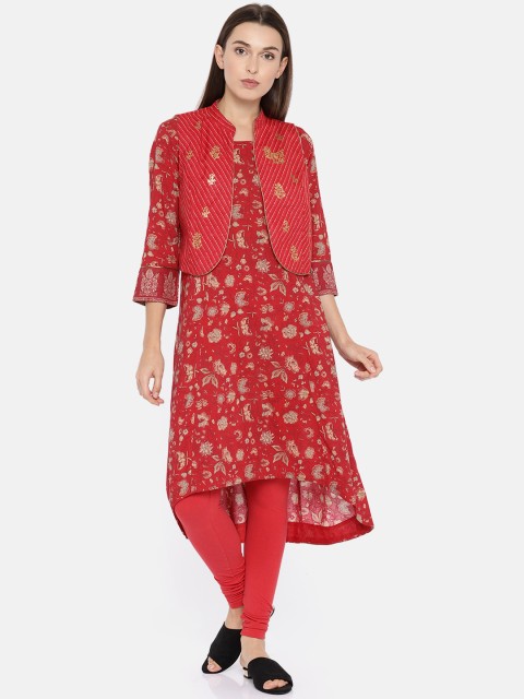 

Biba Women Red Printed A-Line Kurta with Ethnic Waistcoat