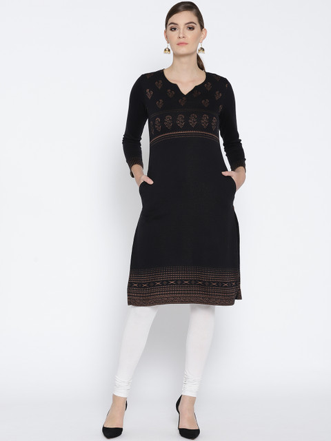 

Biba Women Black & Golden Printed Straight Kurta