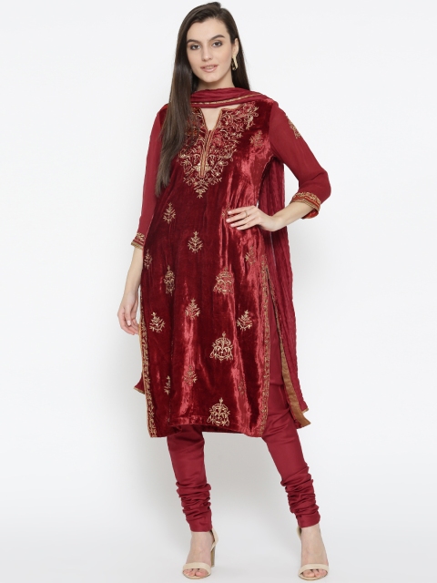 

Biba Women Maroon Embroidered Kurta with Churidar & Dupatta