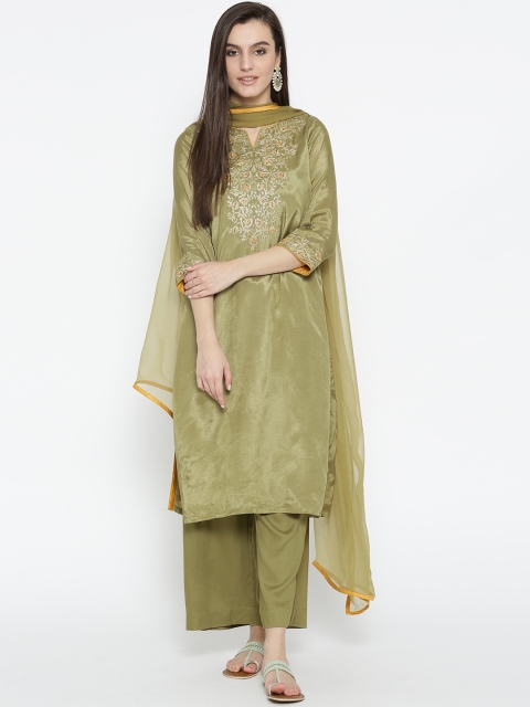 

Biba Women Olive Green Embroidered Kurta with Palazzos & Dupatta