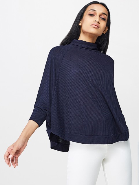 

AND Women Navy Blue Self-Striped Top