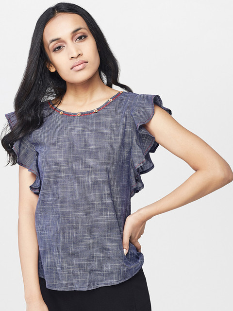 

AND Women Navy Blue Checked Pure Cotton Top