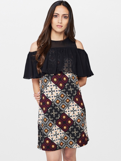 

AND Women Black Printed A-Line Dress