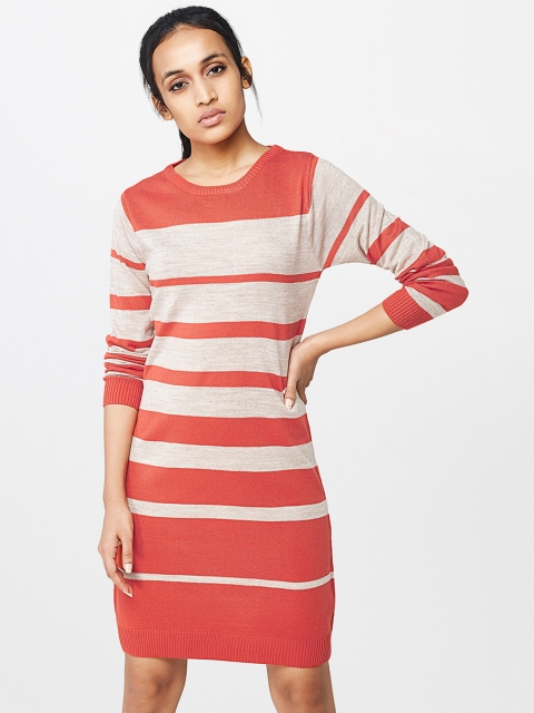 

AND Women Beige & Orange Striped Sweater Dress