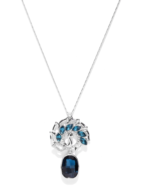 

YouBella Silver-Toned & Blue Stone-Studded Pendant with Chain