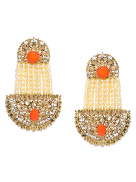 

YouBella Off-White Gold-Plated Stone-Studded Beaded Drop Earrings